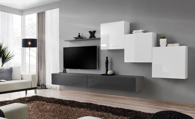 Xlmoebel Wohnwand Designer Wohnregal Grau TV Halter Moderne Sideboard Wandablage, (7-St., 1x Wohnwand + 2x TV Ständer + 3x Wandschrank + 1x Wandregal), Hergestellt in Europa von Xlmoebel