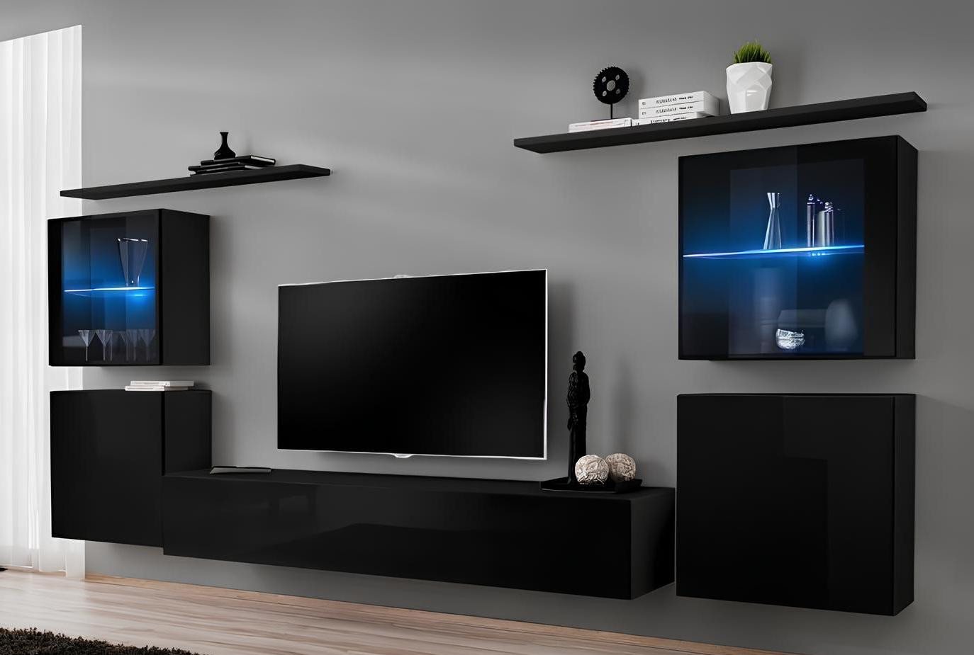 Xlmoebel Wohnwand Dunkel Wohnbereich Möbel Premium Wandregal, (7-St., 1x Wohnwand + 1x TV Ständer + 4x Wandschrank + 2x Wandregale), Hergestellt in Europa von Xlmoebel