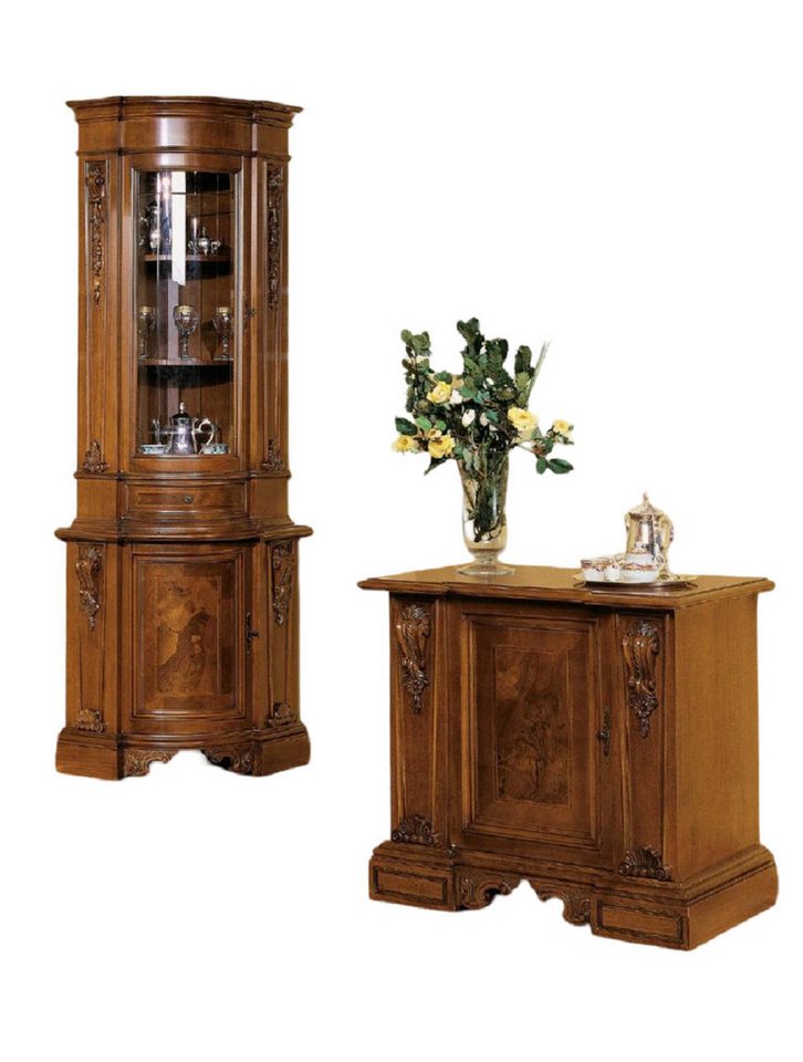 Xlmoebel Wohnzimmer-Set Eckvitrine Eckschrank aus Holz mit Glasfront italienisches Möbelstück, (2-St., 2tlg Wohnzimmer Set(Vitrine+Kommode), Hergestellt in Europa von Xlmoebel