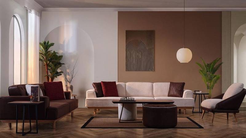 Xlmoebel Wohnzimmer-Set Elegante Braun-Weiße Wohnzimmer-Sitzgruppe mit Sofa, Sessel, (Sofa 4 Sitzer/Sofa 3 Sitzer/Sessel/Hocker/Couchtisch/2x Beistelltische), Hergestellt in Europa von Xlmoebel
