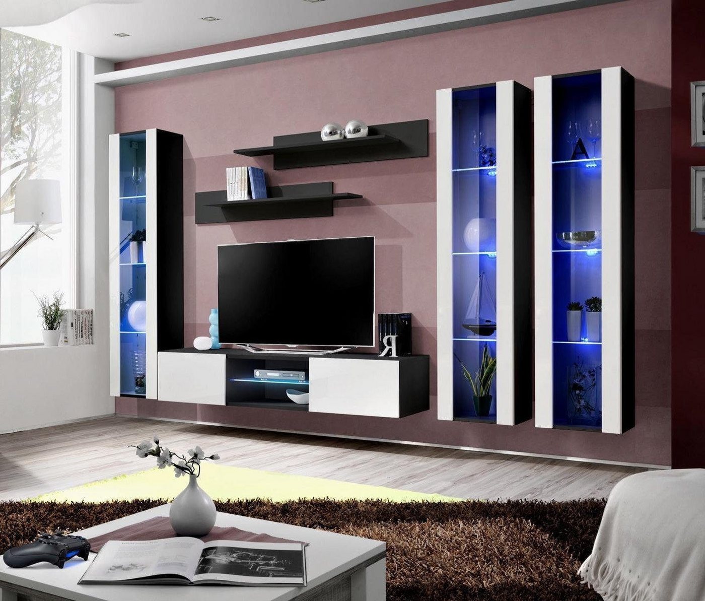 Xlmoebel Wohnwand Elegante Hochglanz Wohnwand mit Hängeschrank aus Holz, (7-St., 1x Wohnwand + 1x TV Ständer + 3x Hänge Vitrine + 2x Wandregal), Hergestellt in Europa von Xlmoebel