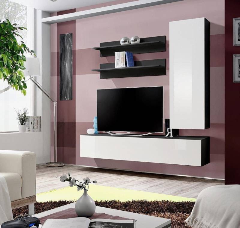 Xlmoebel Wohnwand Eleganter Fernsehständer Wohnzimmer Möbel Lowboard Designer Regalwand, (5-St., 1x Wohnwand + 1x TV Ständer + 1x Wandschrank + 2x Wandregale), Hergestellt in Europa von Xlmoebel