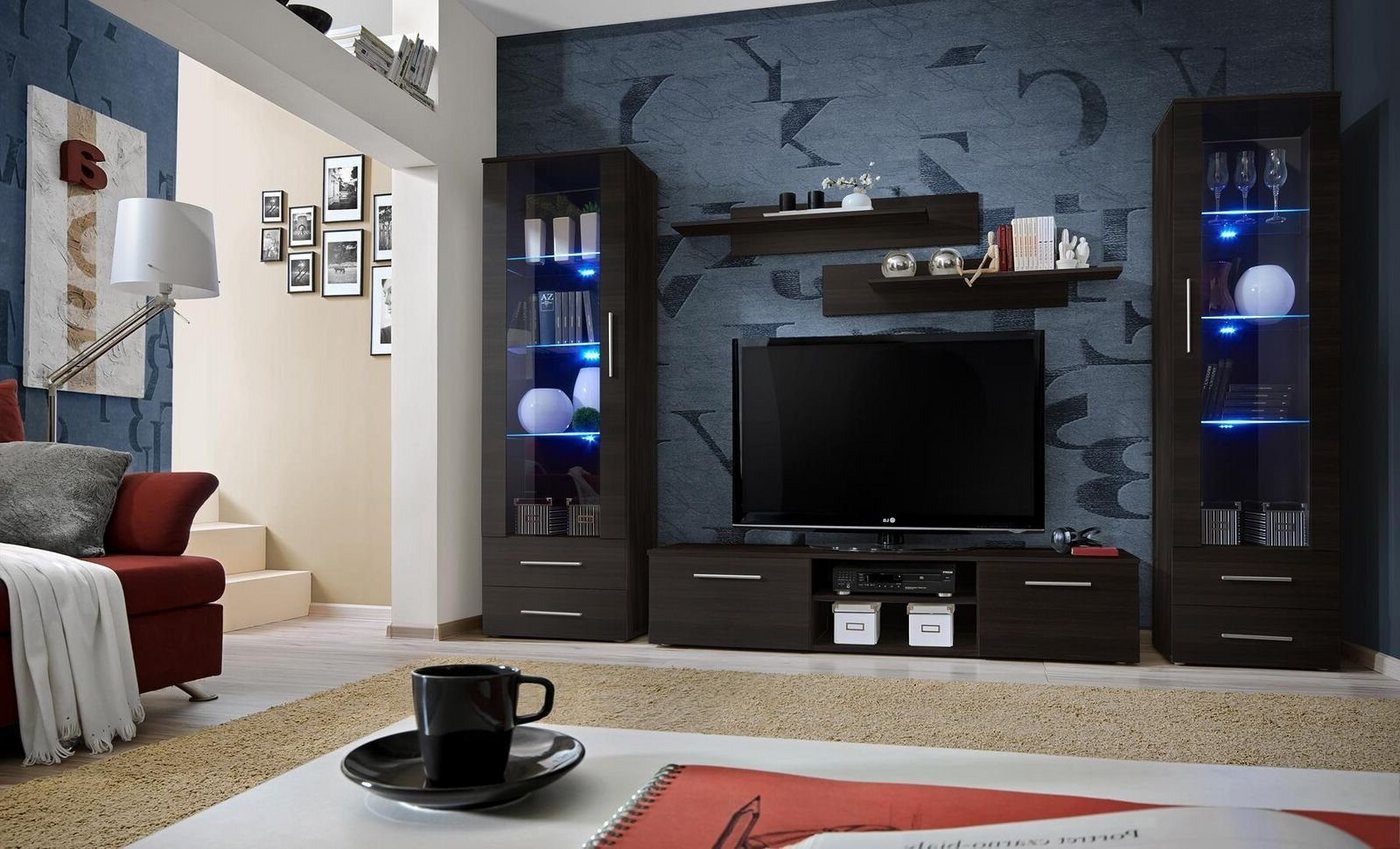 Xlmoebel Wohnwand Eleganz Schwarz Wohnensemble Glanz TV-Möbel Sideboard, (6-St., 1x Wohnwand + 1x TV Ständer + 2x Vitrine + 2x Wandregal), Hergestellt in Europa von Xlmoebel