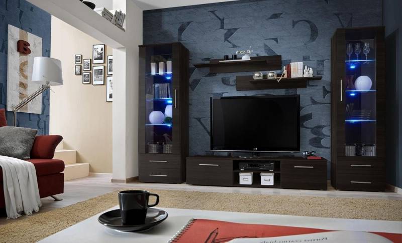 Xlmoebel Wohnwand Eleganz Schwarz Wohnensemble Glanz TV-Möbel Sideboard, (6-St., 1x Wohnwand + 1x TV Ständer + 2x Vitrine + 2x Wandregal), Hergestellt in Europa von Xlmoebel