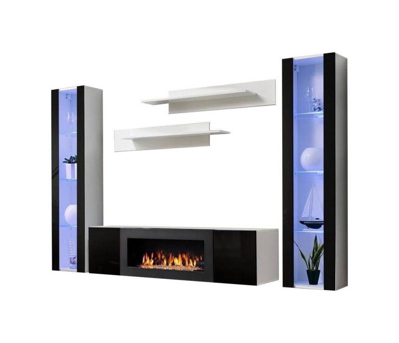 Xlmoebel Wohnzimmer-Set Exklusive Wohnwand TV Halter Sideboard Holz Designer Zimmer, (6-St., 1x Wohnwand+1x Sideboard: Mit Kamin+2x Hänge Vitrine+2x Wandregal), Hergestellt in Europa von Xlmoebel