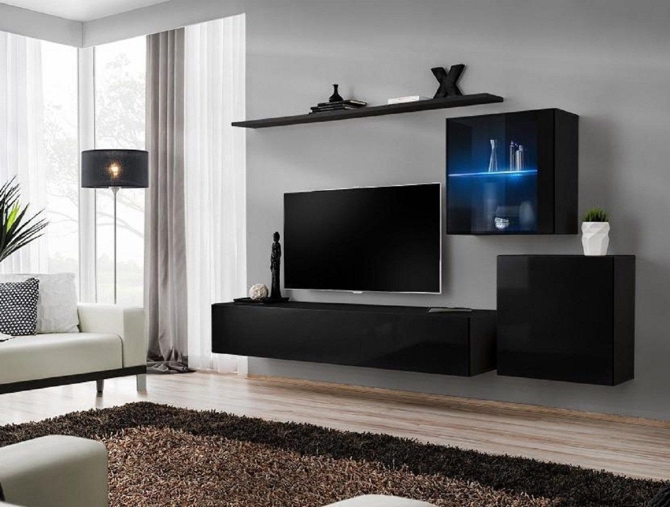 Xlmoebel Wohnwand Exklusive schwarze Wohnkombination 2x Wandregal Wohnzimmermöbel, (5-St., 1x Wohnwand + 1x TV Ständer + 2x Wandschrank + 1x Wandregal), Hergestellt in Europa von Xlmoebel