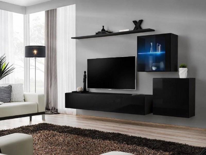Xlmoebel Wohnwand Exklusive schwarze Wohnkombination 2x Wandregal Wohnzimmermöbel, (5-St., 1x Wohnwand + 1x TV Ständer + 2x Wandschrank + 1x Wandregal), Hergestellt in Europa von Xlmoebel