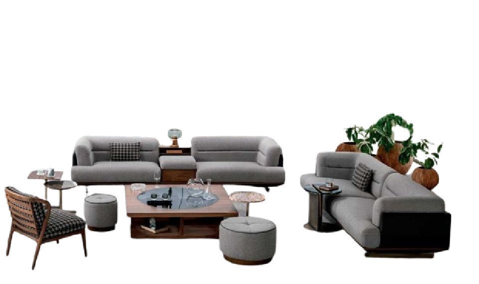 Xlmoebel Wohnzimmer-Set Exklusives Wohnzimmer-Ensemble in Grau: 2 Sofa, Sessel und 2 Hocker, (5-St., 5tlg Wohnzimmer Set (3 Sitzer+ 3 Sitzer + Sessel+2x Hocker), Hergestellt in Europa von Xlmoebel