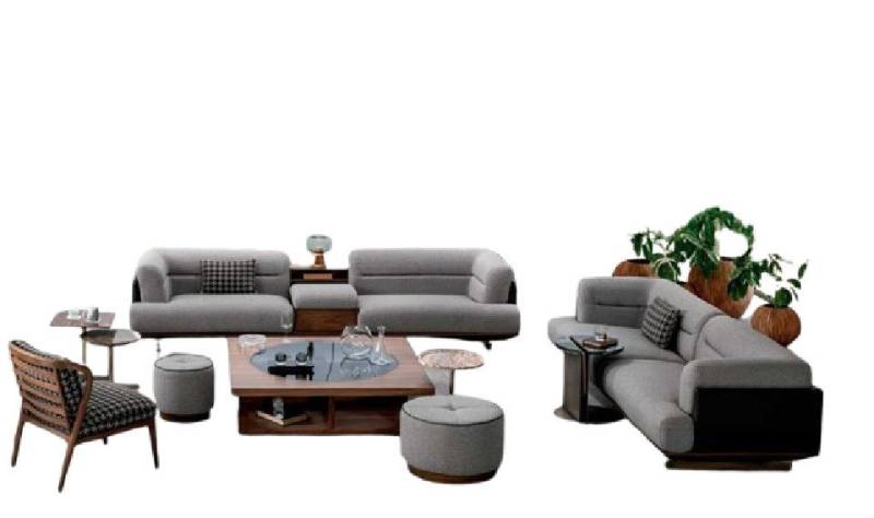 Xlmoebel Wohnzimmer-Set Exklusives Wohnzimmer-Ensemble in Grau: 2 Sofa, Sessel und 2 Hocker, (5-St., 5tlg Wohnzimmer Set (3 Sitzer+ 3 Sitzer + Sessel+2x Hocker), Hergestellt in Europa von Xlmoebel