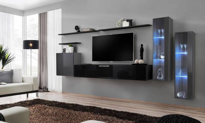 Xlmoebel Wohnwand Gestalterische Dunkel Wohnmöbel Sideboard Wandregal Fernseh-Stütze, (8-St., 1x Wohnwand + 1x TV Ständer + 3x Wandschrank + 3x Wandregal), Hergestellt in Europa von Xlmoebel