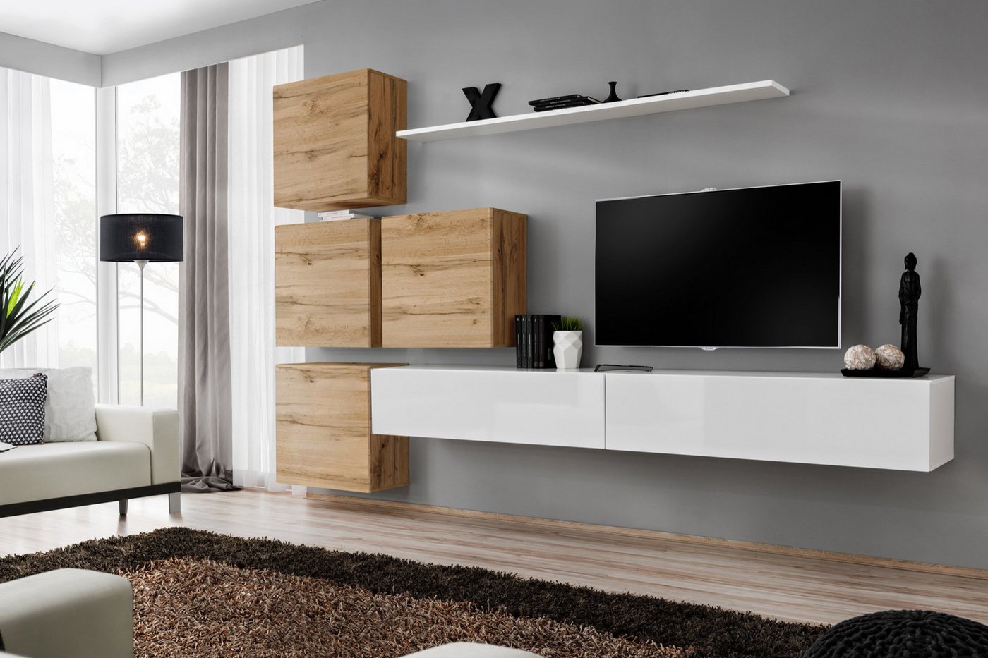 Xlmoebel Wohnwand Gestaltung Wohnmöbel Sideboard 4x Wandregal rtv Set 8 tlg., (8-St., 1x Wohnwand + 2x TV Ständer + 4x Wandschrank + 1x Wandregal), Hergestellt in Europa von Xlmoebel