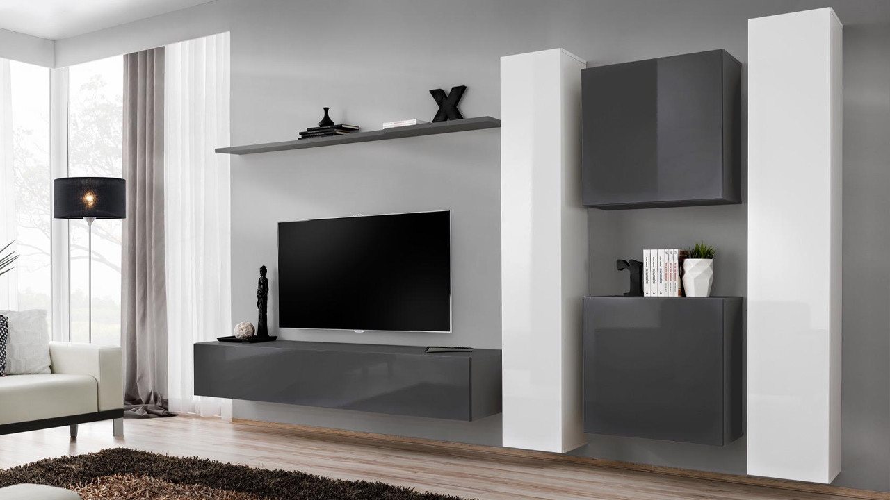 Xlmoebel Wohnwand Grau Bücherregal Wohnzimmer Wand Regal Konzept Wand Schrank, (7-St., Wohnwand + TV Ständer + 4x Wandschrank + Wandregal), Hergestellt in Europa von Xlmoebel