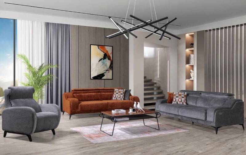 Xlmoebel Wohnzimmer-Set Grau-Orange Wohnraum Sitzmöbel Exklusiver Dreisitzer Hocker, (3-St., Nur Sofas 2x 3 Sitzer + Sessel), Hergestellt in Europa von Xlmoebel