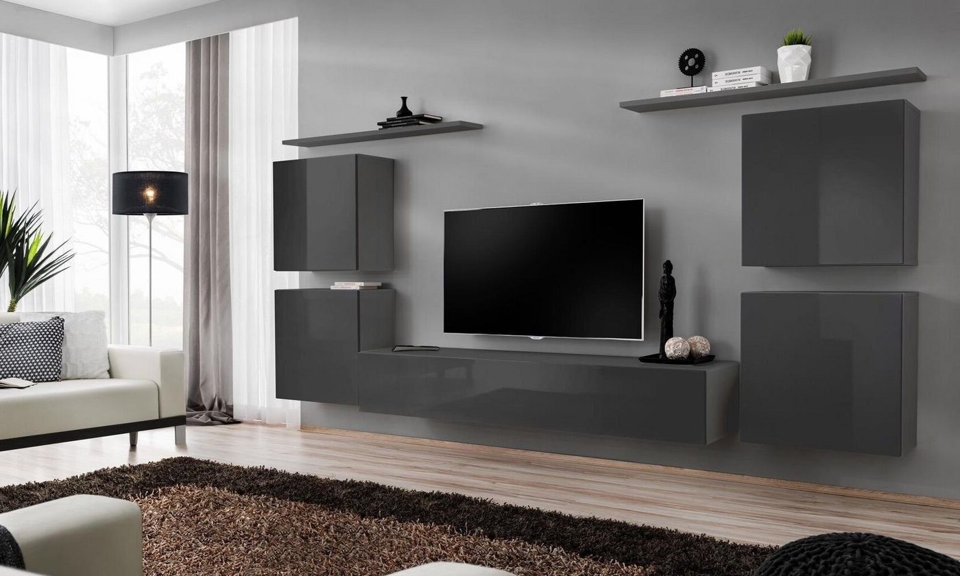 Xlmoebel Wohnwand Grau Wand Wohnkombination Wohnzimmer Einrichtung luxuriöser TV Halter, (8-St., 1x Wohnwand + 1x TV Ständer + 4x Wandschrank + 2x Wandregal), Hergestellt in Europa von Xlmoebel