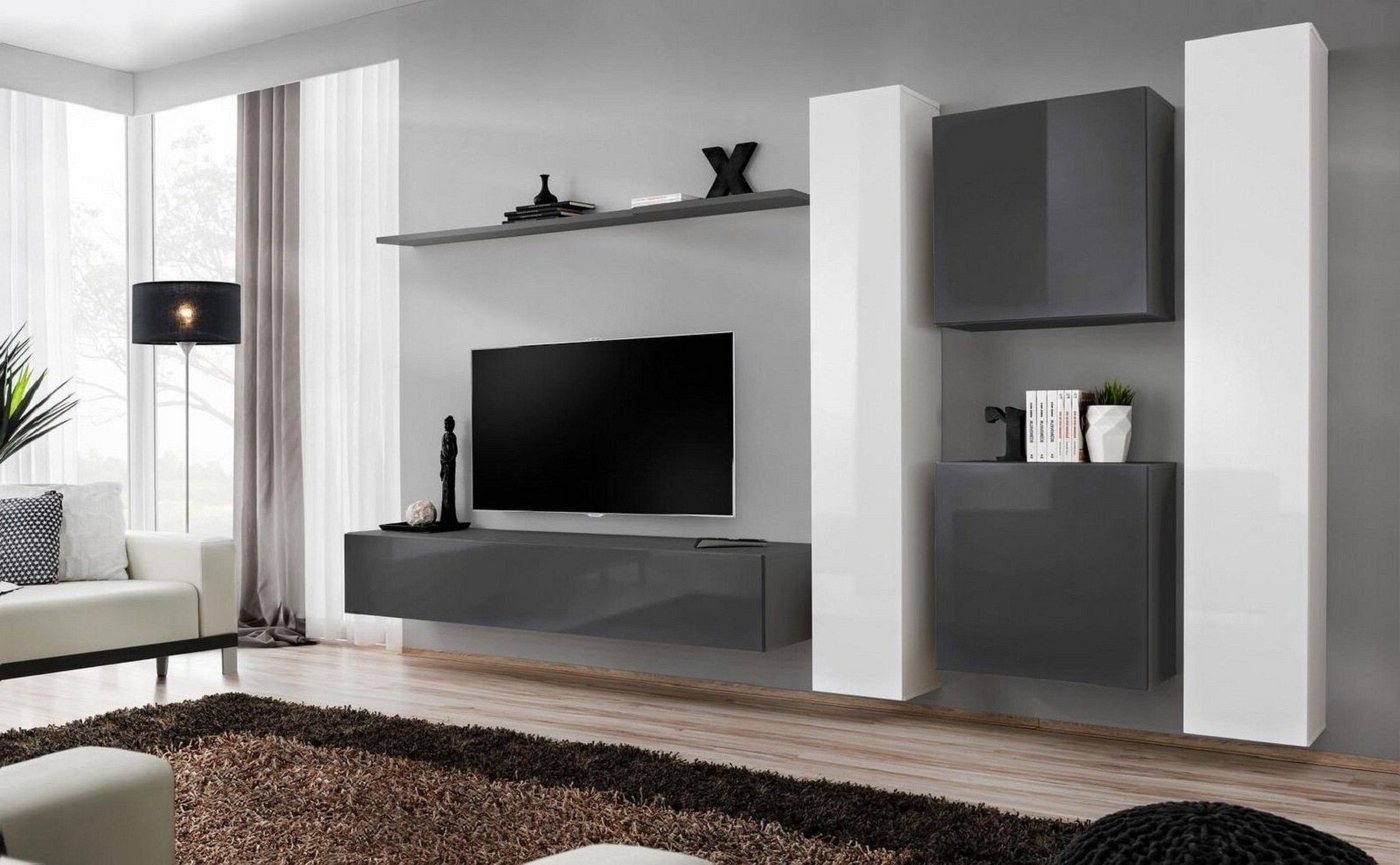 Xlmoebel Wohnwand Grau Wandregal Wohnraum Regalgestaltung Wandmöbel, (7-St., 1x Wohnwand + 1x TV Ständer + 4x Wandschrank + 1x Wandregal), Hergestellt in Europa von Xlmoebel