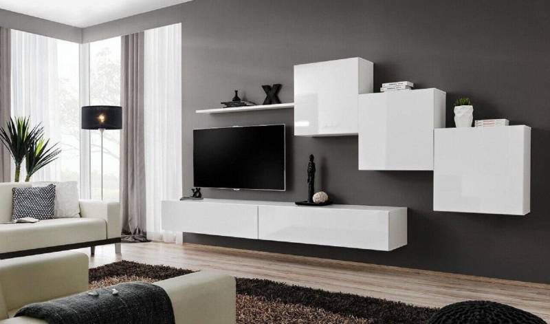 Xlmoebel Wohnwand Helle Wohnkombination TV-Regal Sideboard Set Modernes Wohnzimmer, (7-St., 1x Wohnwand + 2x TV Ständer + 3x Wandschrank + 1x Wandregal), Hergestellt in Europa von Xlmoebel