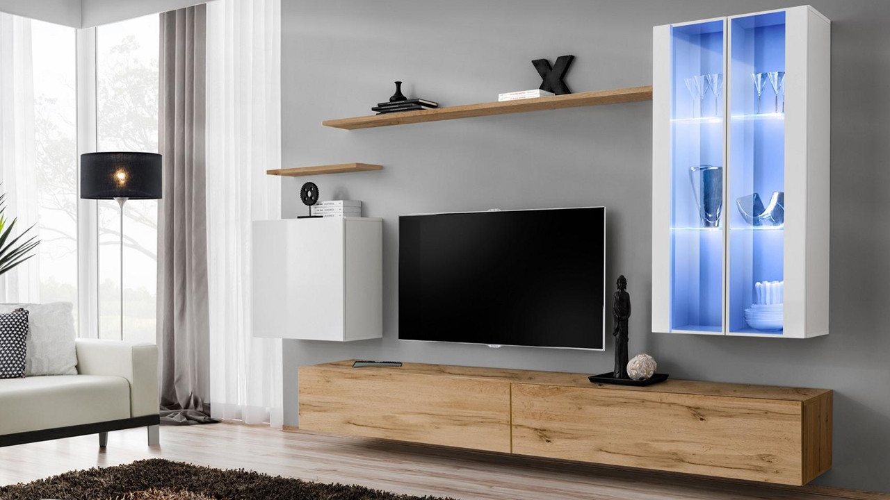 Xlmoebel Wohnwand Holzschrank Fernsehständer Wohnzimmereinrichtung Komplettpaket, (8-St., Wohnwand + 2x TV Ständer + 3x Wandschrank + 2x Wandregal), Hergestellt in Europa von Xlmoebel