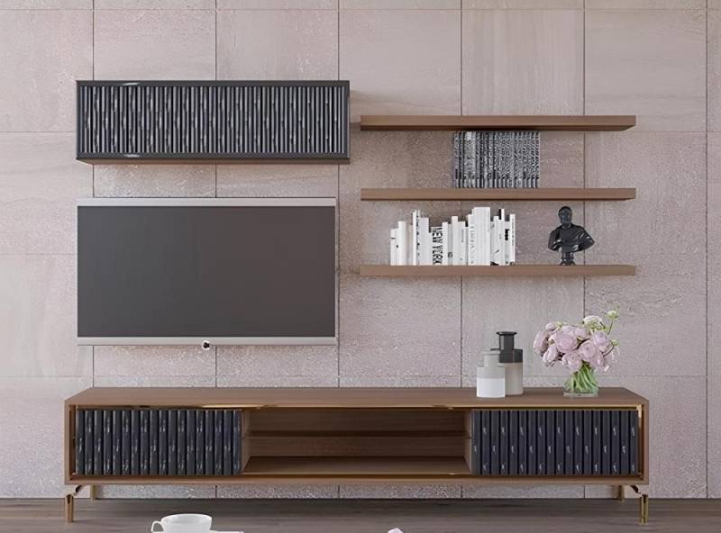 Xlmoebel Wohnwand Komplett Wohnwand Wandschrank Holzmöbel Modern Set 5tlg 3x Wandregale, (5-St., Wohnzimmer Set 5tlg (TV-Ständer + Wandschrank + 3x Wandregale), Hergestellt in Europa von Xlmoebel