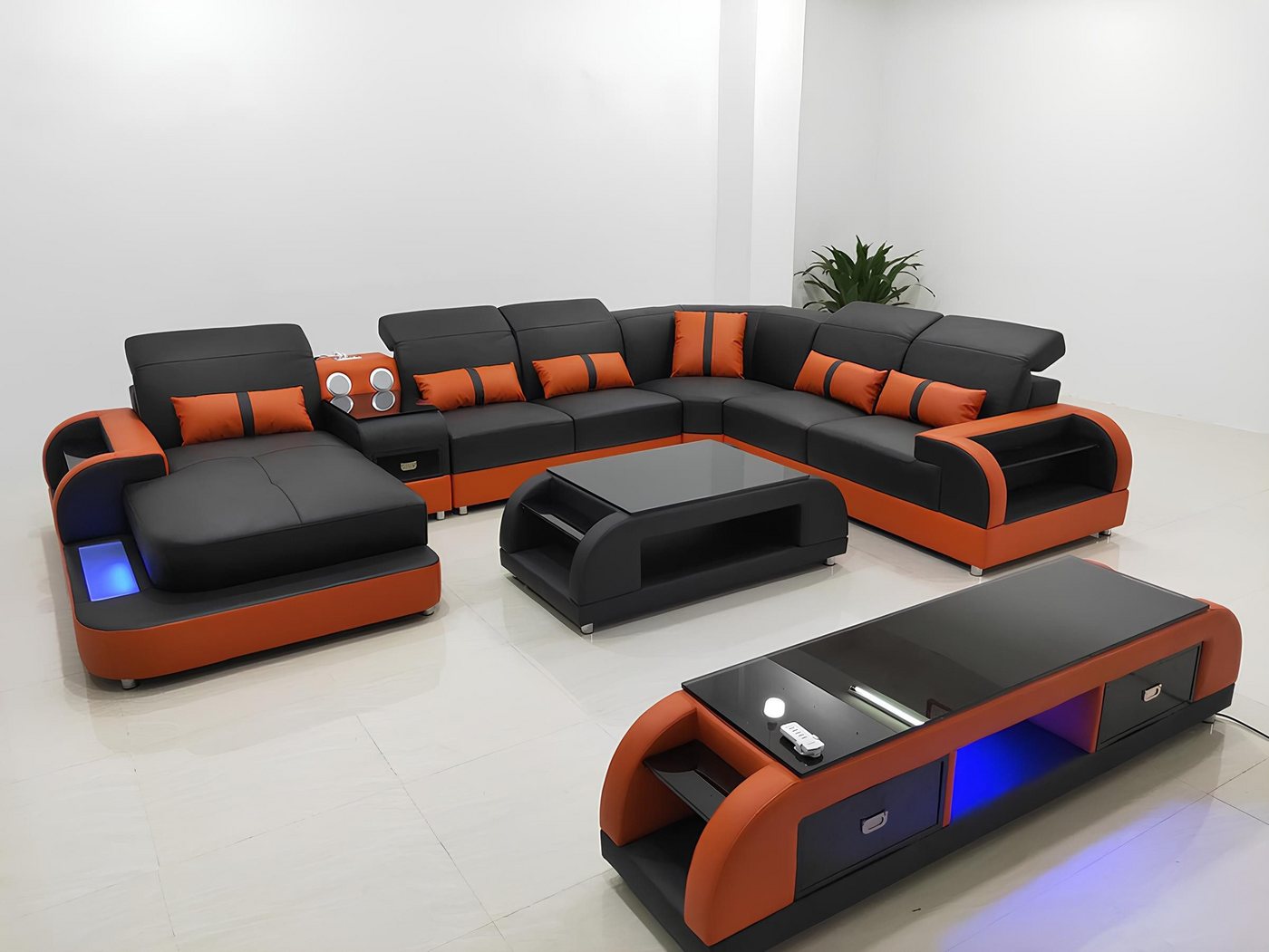 Xlmoebel Wohnzimmer-Set Luxuriöse Wohnlandschaft mit Ledersofa in Design-Eckgarnitur, (Ecksofa U-Form + Couchtisch), Hergestellt in Europa von Xlmoebel