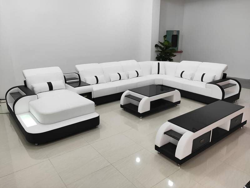 Xlmoebel Wohnzimmer-Set Luxuriöse Wohnlandschaft mit Ledersofa in Design-Eckgarnitur, (Ecksofa U-Form + Couchtisch), Hergestellt in Europa von Xlmoebel