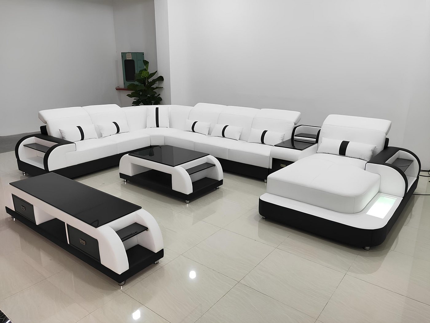 Xlmoebel Wohnzimmer-Set Luxuriöse Wohnlandschaft mit Ledersofa in Design-Eckgarnitur, (Ecksofa U-Form + Couchtisch), Hergestellt in Europa von Xlmoebel