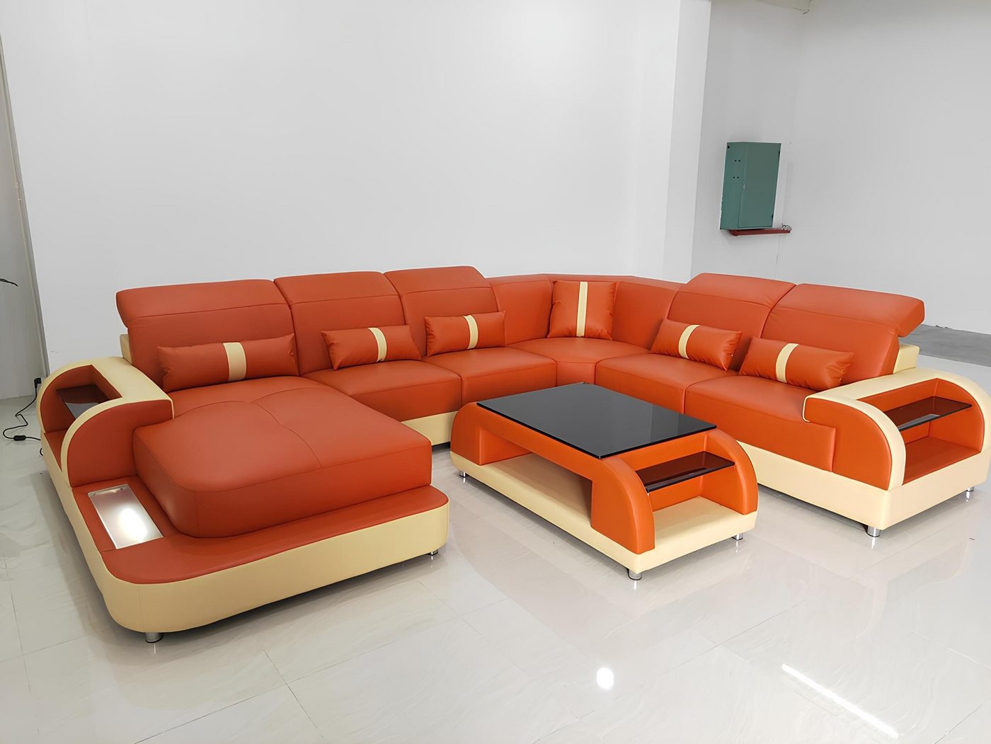 Xlmoebel Wohnzimmer-Set Luxuriöse Wohnlandschaft mit Ledersofa in Design-Eckgarnitur, (Ecksofa U-Form + Couchtisch), Hergestellt in Europa von Xlmoebel
