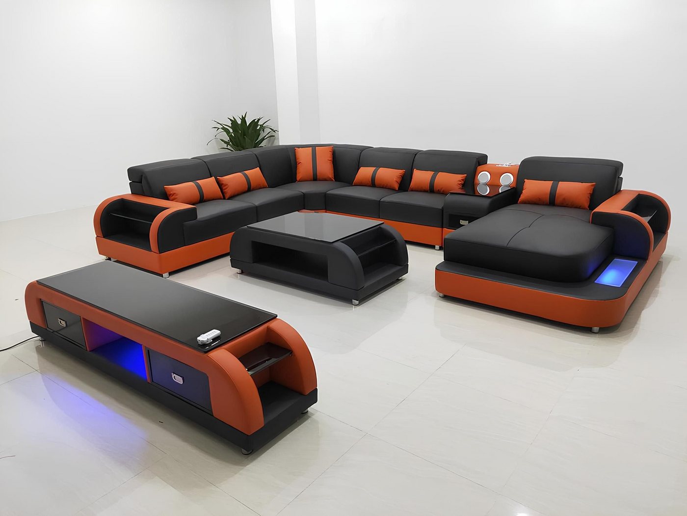 Xlmoebel Wohnzimmer-Set Luxuriöse Wohnlandschaft mit Ledersofa in Design-Eckgarnitur, (Ecksofa U-Form + Couchtisch), Hergestellt in Europa von Xlmoebel