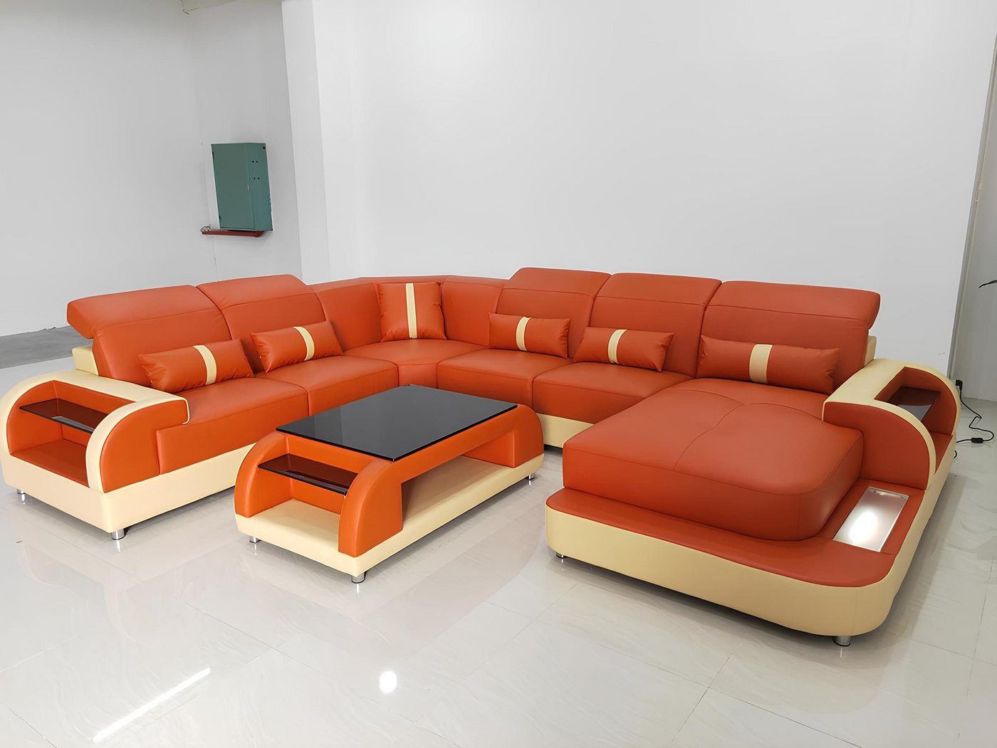 Xlmoebel Wohnzimmer-Set Luxuriöse Wohnlandschaft mit Ledersofa in Design-Eckgarnitur, (Ecksofa U-Form + Couchtisch), Hergestellt in Europa von Xlmoebel