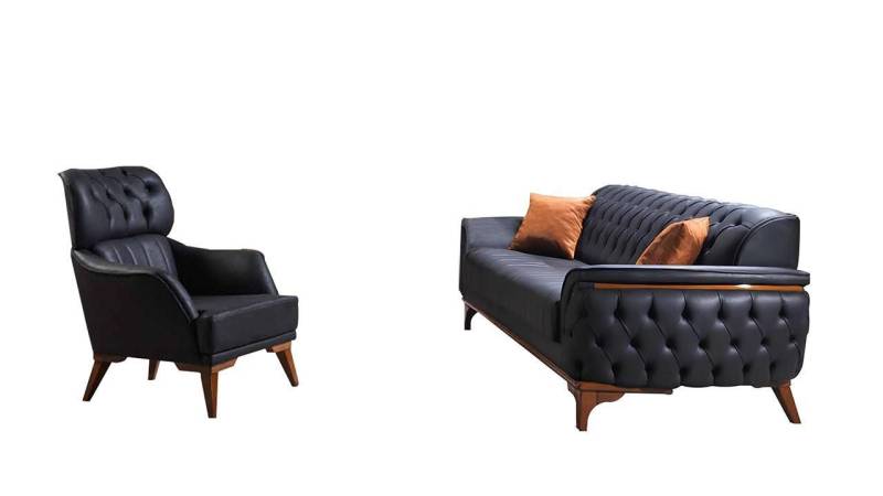 Xlmoebel Wohnzimmer-Set Schwarze Chesterfield Designer Garnitur Ledersofa Designer Sessel, (2tlg. Wohnzimmer-Set (Sofa + Sessel), Hergestellt in Europa von Xlmoebel