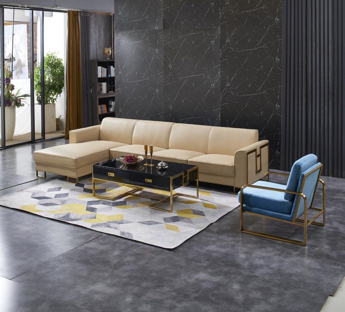 Xlmoebel Wohnzimmer-Set Neues Ecksofa mit Hocker in edlem Design aus Edelstahl, (3-St., Ecksofa L - Form + Sessel + Couchtisch), Hergestellt in Europa von Xlmoebel