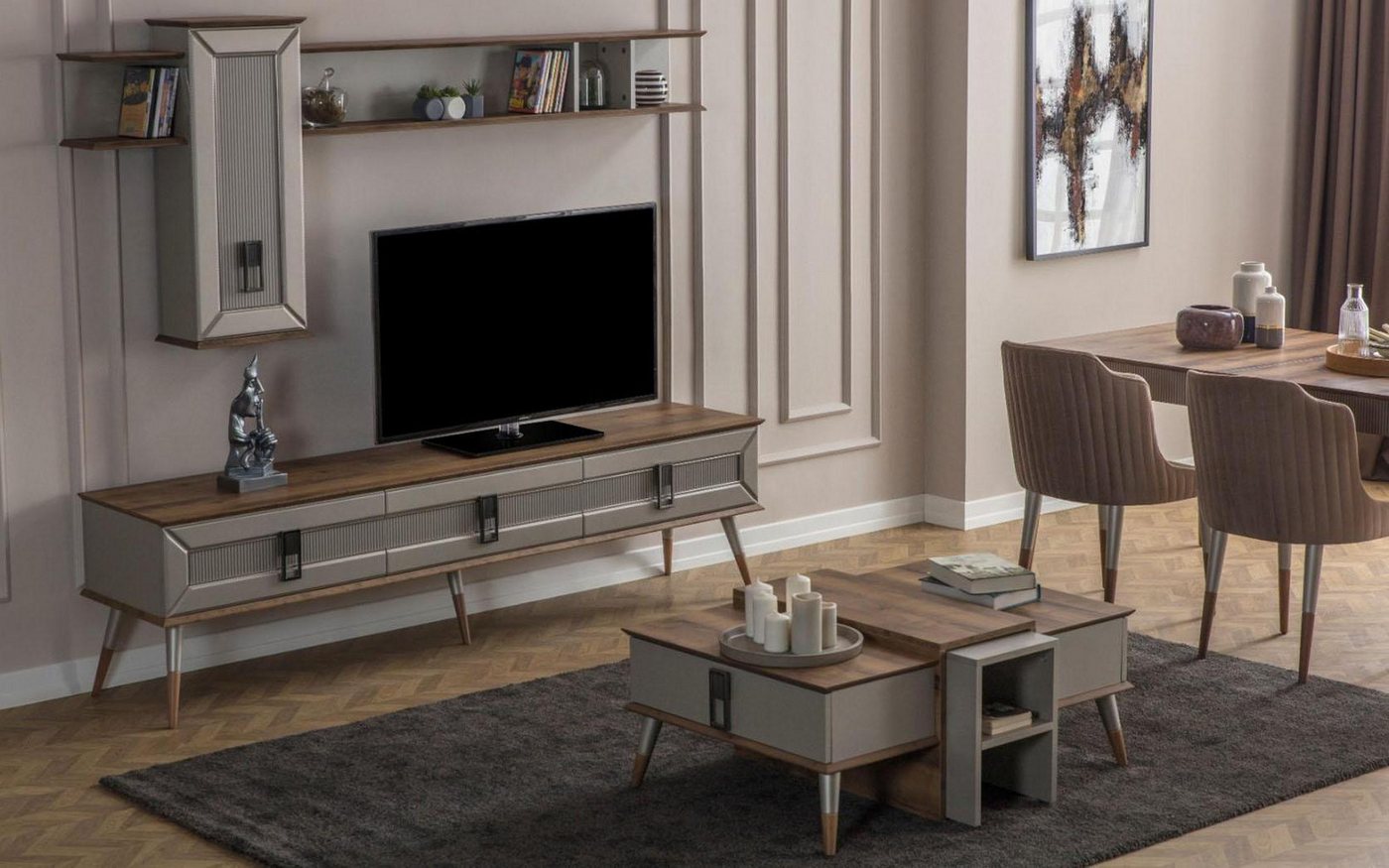 Xlmoebel Wohnwand Designer Wohnzimmer Set TV-Ständer Holz Regal Couchtisch, (Set Wohnzimmer 3tlg (TV-Ständer + Regale + Couchtisch), Hergestellt in Europa von Xlmoebel