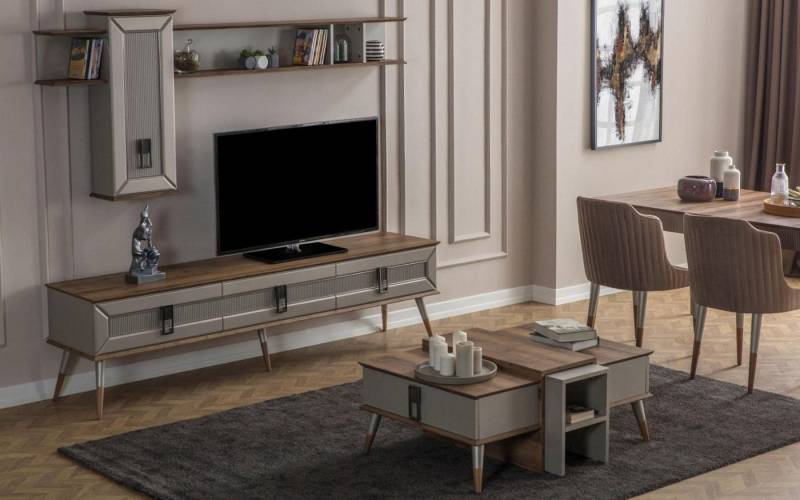 Xlmoebel Wohnwand Designer Wohnzimmer Set TV-Ständer Holz Regal Couchtisch, (Set Wohnzimmer 3tlg (TV-Ständer + Regale + Couchtisch), Hergestellt in Europa von Xlmoebel