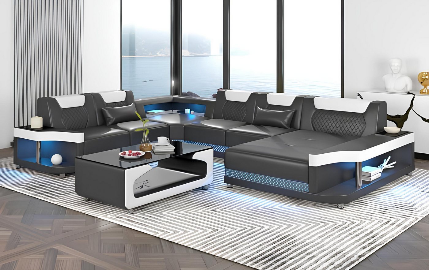 Xlmoebel Wohnzimmer-Set Riesiges Ecksofa Wohnlandschaft mit LED-Beleuchtung in XXL-Größe, (Ecksofa U-Form), Hergestellt in Europa von Xlmoebel