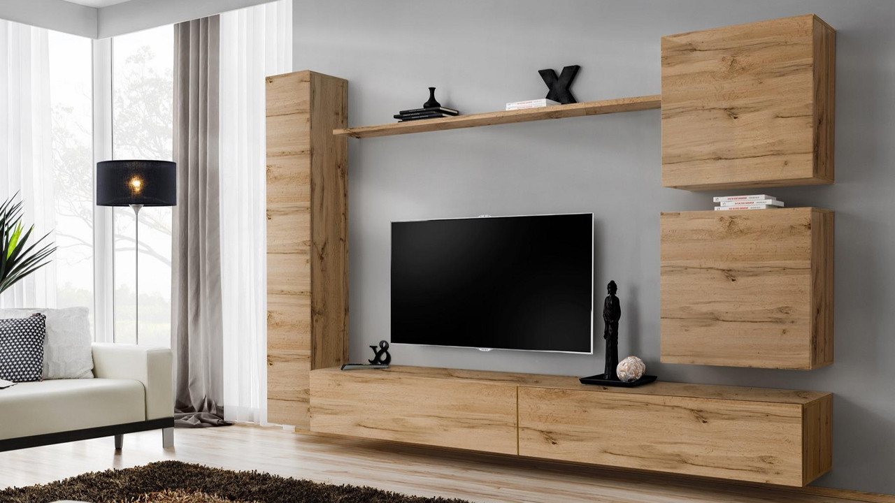 Xlmoebel Wohnwand Schrankwand Modern Wohnkombination Braun Holzdesign Wohnzimmermöbel, (7-St., Wohnwand + 2x TV Ständer + 3x Wandschrank + Wandregal), Hergestellt in Europa von Xlmoebel