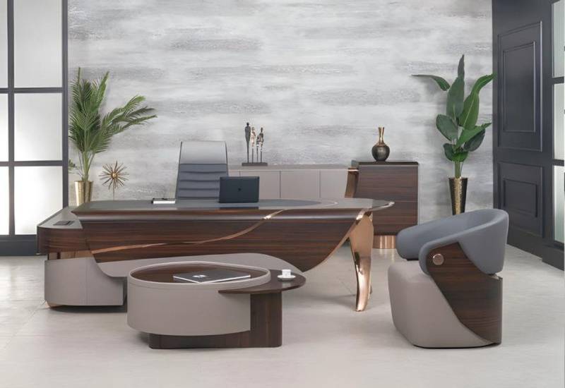 Xlmoebel Büromöbel-Set Schreibtisch-Set aus modernen Büromöbeln komplett in braunem Holz, (4 tlg. BÜRO SET (Eckschreibtisch+Sessel+Couchtisch+Konsole), Hergestellt in Europa von Xlmoebel