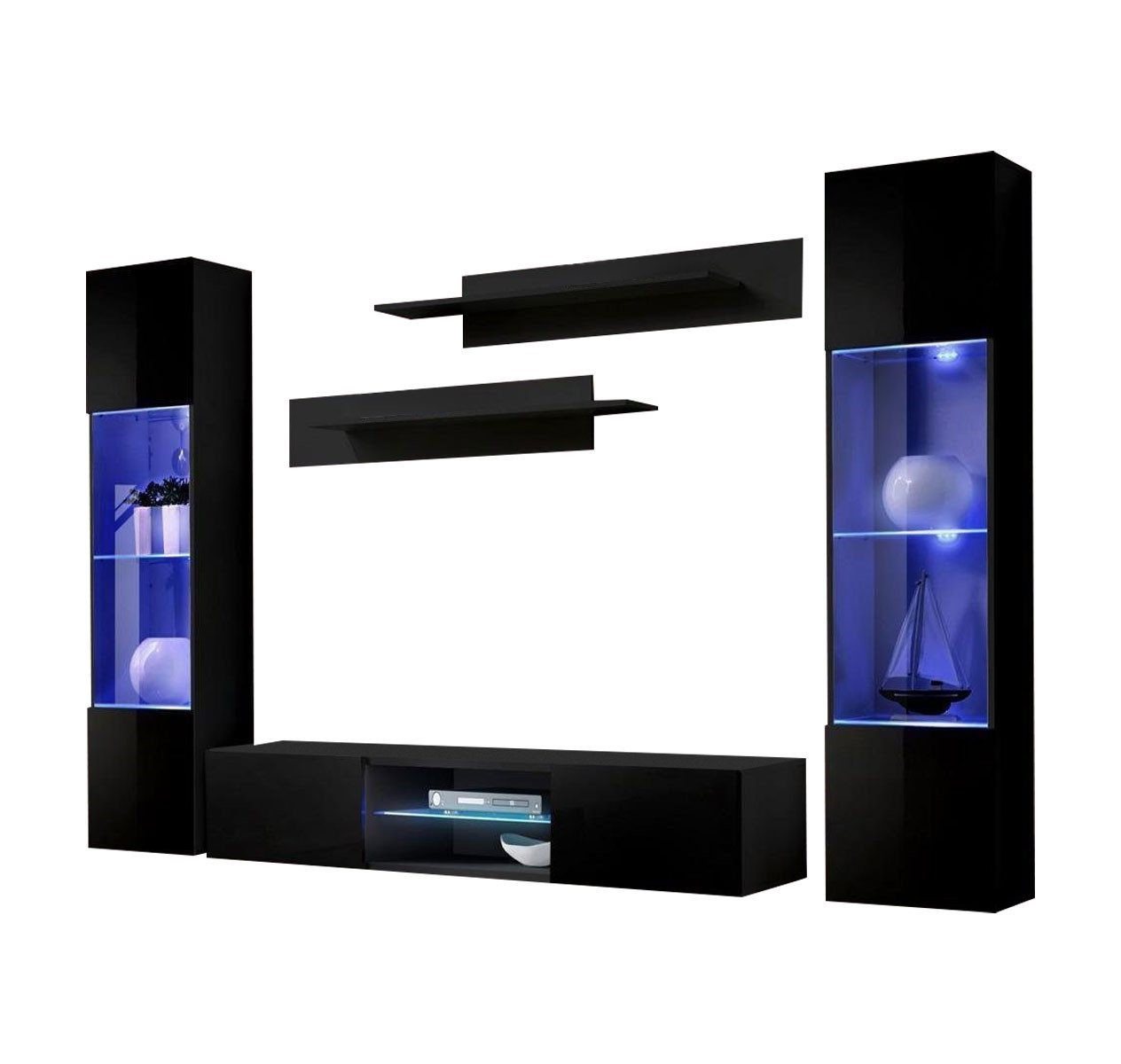 Xlmoebel Wohnzimmer-Set Schwarz Wohnwand Regalsystem Komplett Designer Möbel, (6-St., 1x Wohnwand + 1x TV Ständer + 2x Hänge Vitrine + 2x Wandregal), Hergestellt in Europa von Xlmoebel