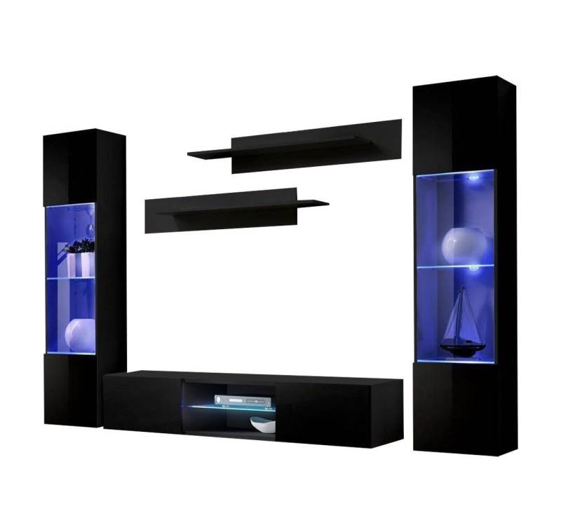 Xlmoebel Wohnzimmer-Set Schwarz Wohnwand Regalsystem Komplett Designer Möbel, (6-St., 1x Wohnwand + 1x TV Ständer + 2x Hänge Vitrine + 2x Wandregal), Hergestellt in Europa von Xlmoebel
