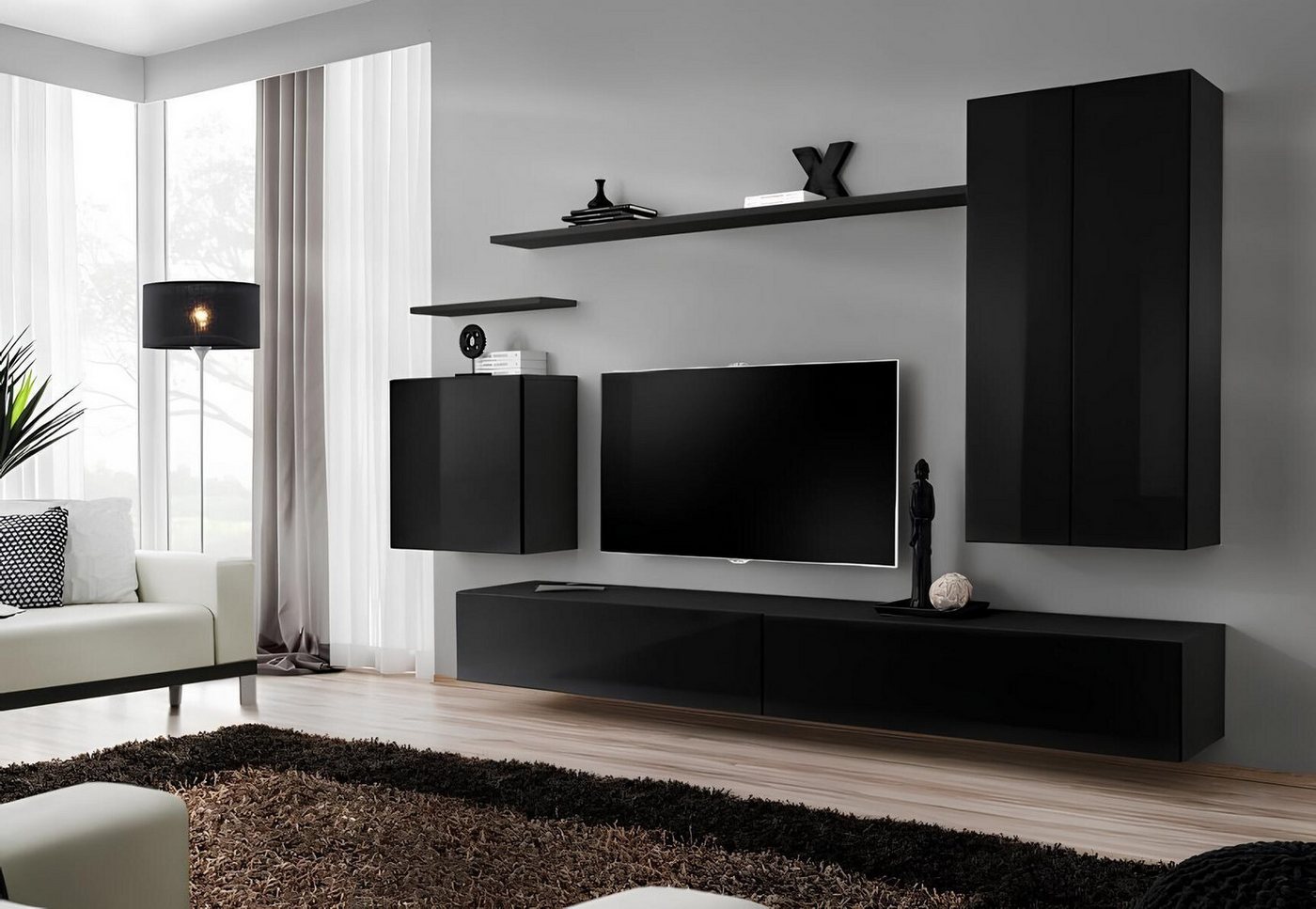 Xlmoebel Wohnzimmer-Set Schwarz Wohnwand Salonmöbel Stilreich Premium TV Halterung Neu Möbel, (8-St., 1x Wohnwand + 2x TV Ständer + 3x Wandschrank + 2x Wandregal), Hergestellt in Europa von Xlmoebel
