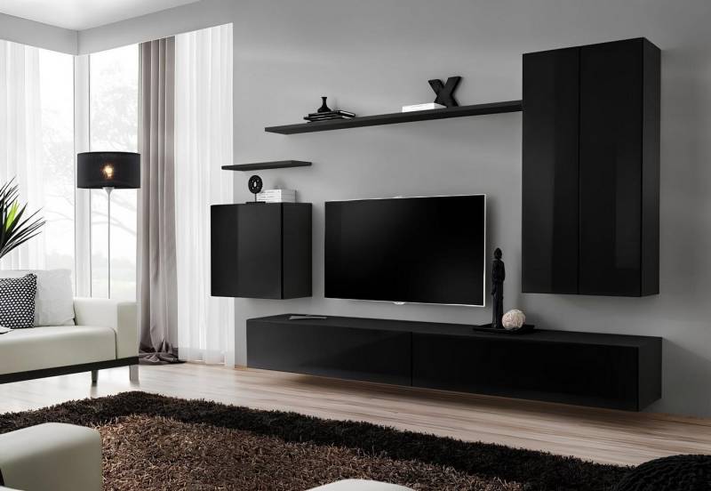 Xlmoebel Wohnzimmer-Set Schwarz Wohnwand Salonmöbel Stilreich Premium TV Halterung Neu Möbel, (8-St., 1x Wohnwand + 2x TV Ständer + 3x Wandschrank + 2x Wandregal), Hergestellt in Europa von Xlmoebel