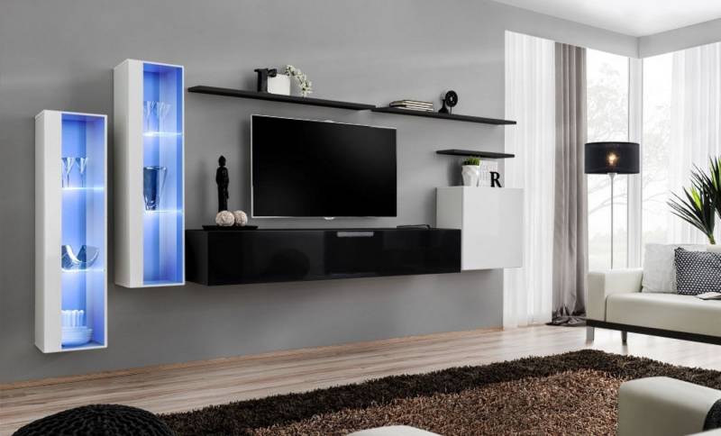 Xlmoebel Wohnzimmer-Set Schwarzes Wohnzimmer-Set Vitrinen-Schrank Luxus Wohnwände TV-Regal, (7-St., 1x Wohnwand + 1x TV Ständer + 3x Wandschrank + 3x Wandregal), Hergestellt in Europa von Xlmoebel
