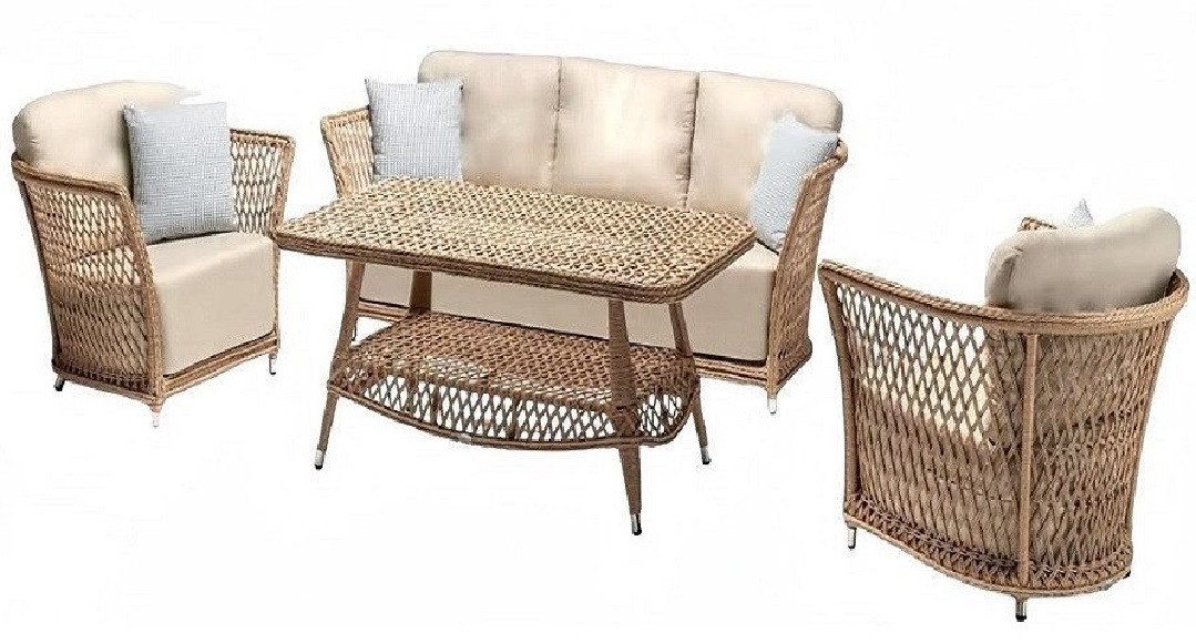 Xlmoebel Gartenlounge-Set Set mit 3-Sitzer-Sofas in Beige 2 Sesseln und einem Couchtisch, (4-tlg., 4tlg Set(Sofa 3 Sitzer+2x Sessel+Couchtisch), Hergestellt in Europa von Xlmoebel