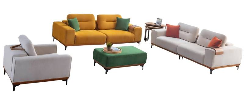 Xlmoebel Polstergarnitur Set mit drei Textil-Sofas, Polsterhocker und drei Beistelltischen, (SOFAGARNITUR 3 + 3 + 1 SITZER + HOCKER +3X BEISTELLTISCHE), Hergestellt in Europa von Xlmoebel