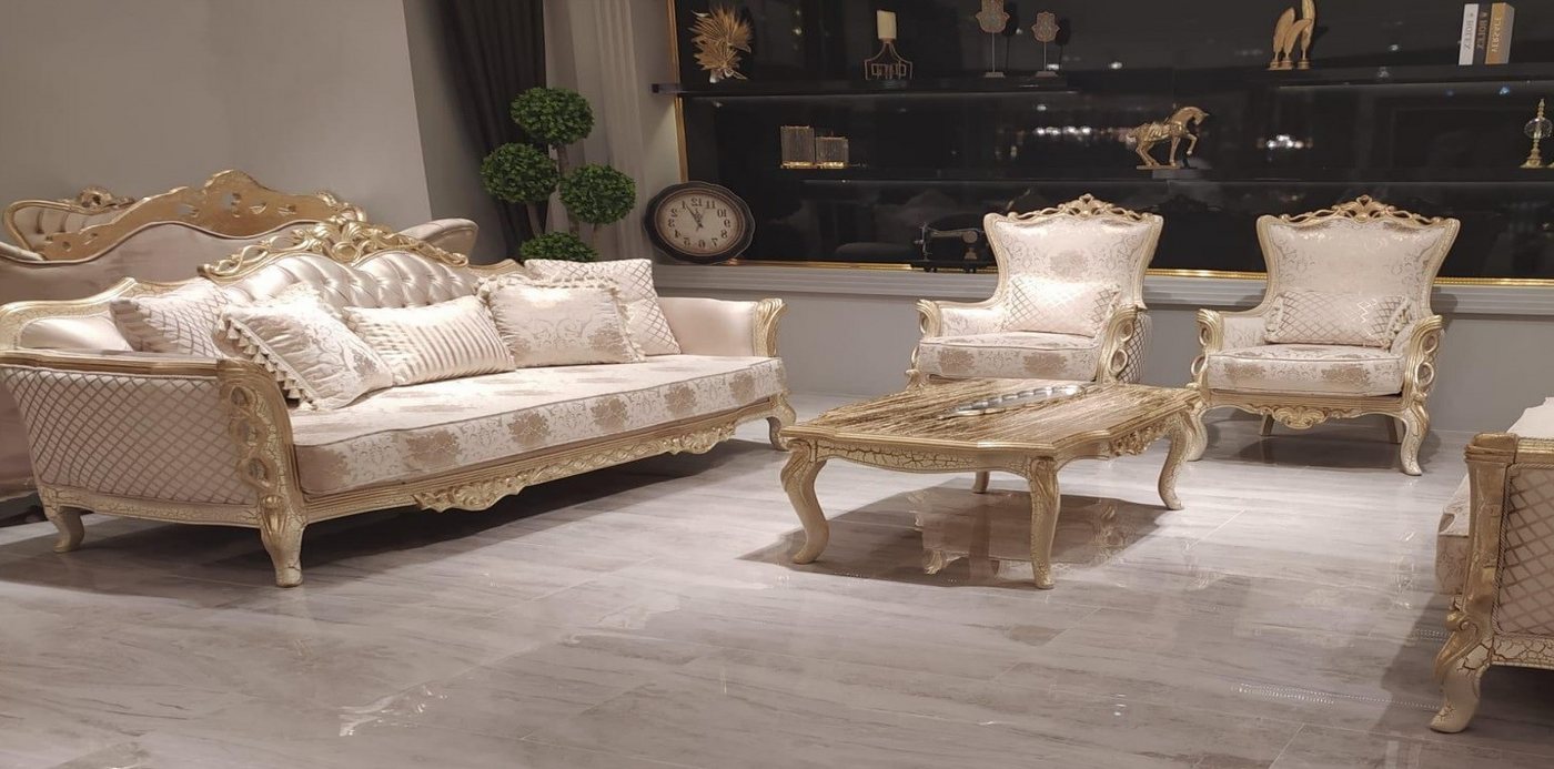 Xlmoebel Wohnzimmer-Set Sofagarnitur 3+1+1 Sitzer Couchtisch Sofa Sessel Set Gold Stil, (4-St., 3+1+1 Sitzer + Couchtisch), Hergestellt in Europa von Xlmoebel