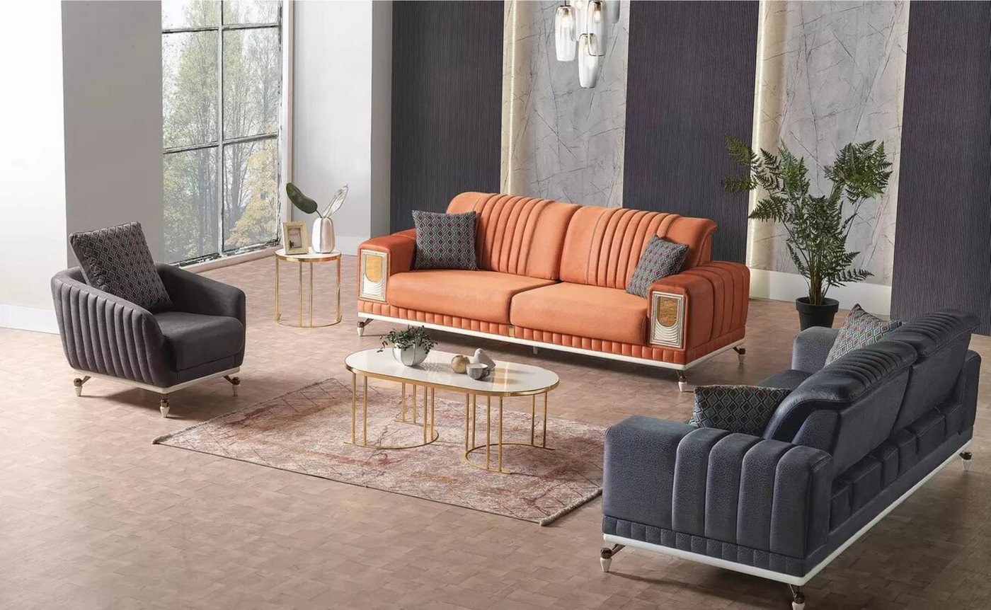 Xlmoebel Wohnzimmer-Set Sofagruppierung 3+3+1 Platz Textil Holz Couch 3 Platz Modern Stuhl, (3-St., 2x Sofas 3 Sitzer + 1x Sessel), Hergestellt in Europa von Xlmoebel