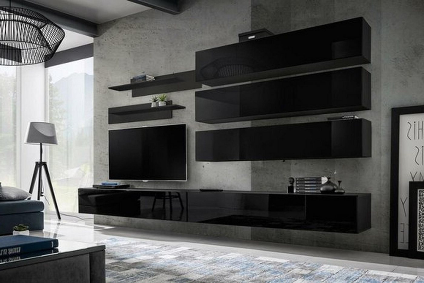 Xlmoebel Wohnwand Stilvolle Wandgarderobe Wohnbereich Holz Möbelgestaltung, (8-St., 1x Wohnwand + 2x TV Ständer + 3x Wandschrank + 2x Wandregal), Hergestellt in Europa von Xlmoebel