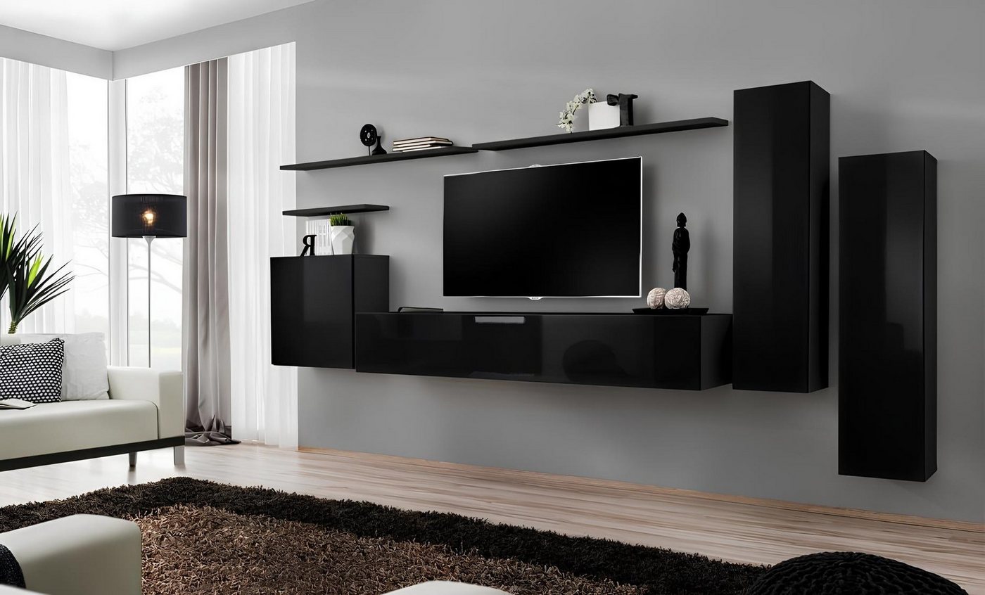 Xlmoebel Wohnwand Vollständiges 8-teiliges Set Schwarze Wohnwand TV Halterung Wohnraum, (7-St., 1x Wohnwand + 1x TV Ständer + 3x Wandschrank + 3x Wandregal), Hergestellt in Europa von Xlmoebel