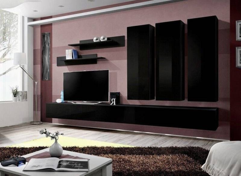 Xlmoebel Wohnwand Vollständiges Set 8-teilig Schwarz Wohnzimmermöbel Wandschrank Luxus, (8-St., 1x Wohnwand + 2x TV Ständer + 3x Wandschrank + 2x Wandregale), Hergestellt in Europa von Xlmoebel