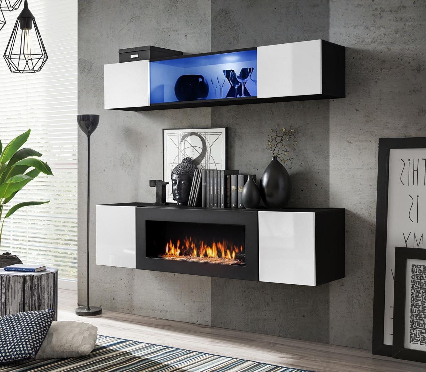 Xlmoebel Hängeschrank Wand Sideboard Wohnzimmer Glanz mit Kamin Möbel Wandschrank (3-St., 1x Wohnwand + 1x Sideboard + 1x Wandschrank) Hergestellt in Europa von Xlmoebel