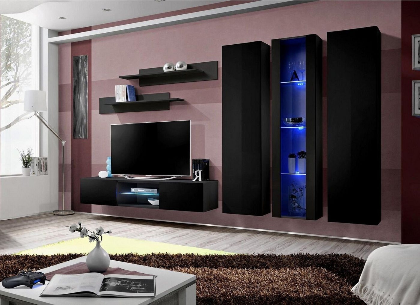 Xlmoebel Wohnwand Wandregal Set für das Wohnzimmer 6-teilig TV-Ständer Möbel Modern, (6-St., 1x Wohnwand+1x TV Ständer+2x Wandschrank+1x Hänge Vitrine+2x Wandregal), Hergestellt in Europa von Xlmoebel