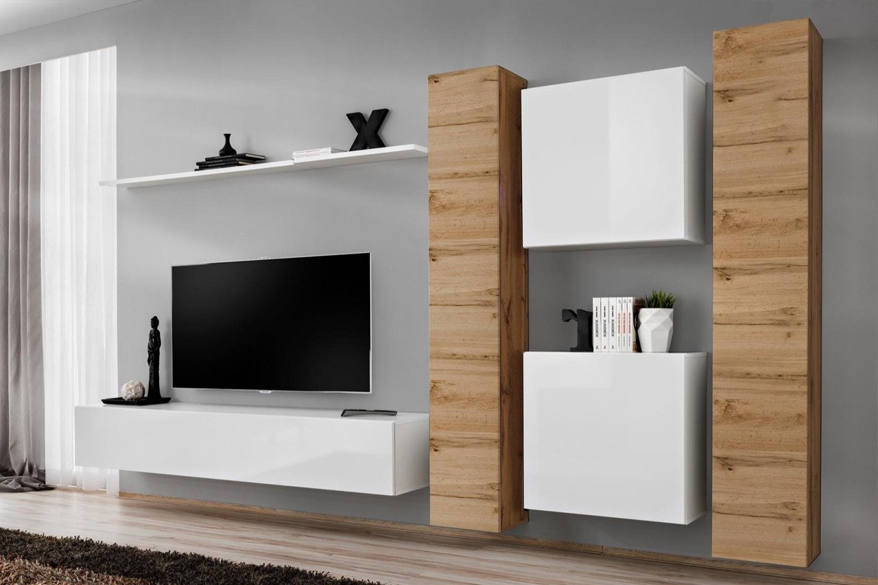 Xlmoebel Wohnwand Wandregal Weiß Möbel Schrank Stilvoll Wandschrank Komplettset, (6-St., Wohnwand + TV Ständer + 4x Wandschrank + Wandregal), Hergestellt in Europa von Xlmoebel